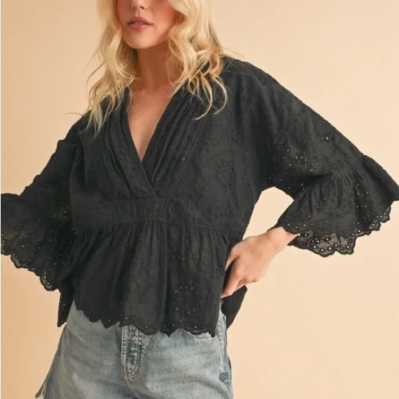 Black Ruffled Wrap Blouse with 3/4 Sleeves - Picture 7 of 9
